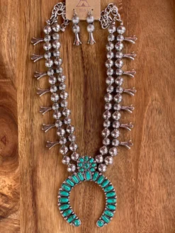 Navajo Pearl Statement Squash Blossom Necklace Set In Silver & Turquoise
