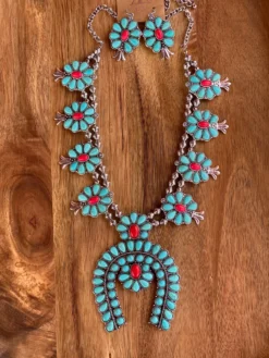 Navajo Pear Statement Squash Blossom Necklace Set In Turquoise & Red