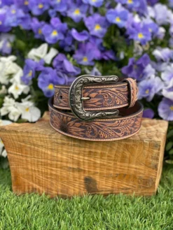 Nacona - Women's Fashion Leather Belt (Light Brown) With Sunflower Tooled Design