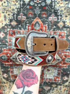 Nacona Women's Fashion Leather Belt (Light Brown) With Threaded Embroidery